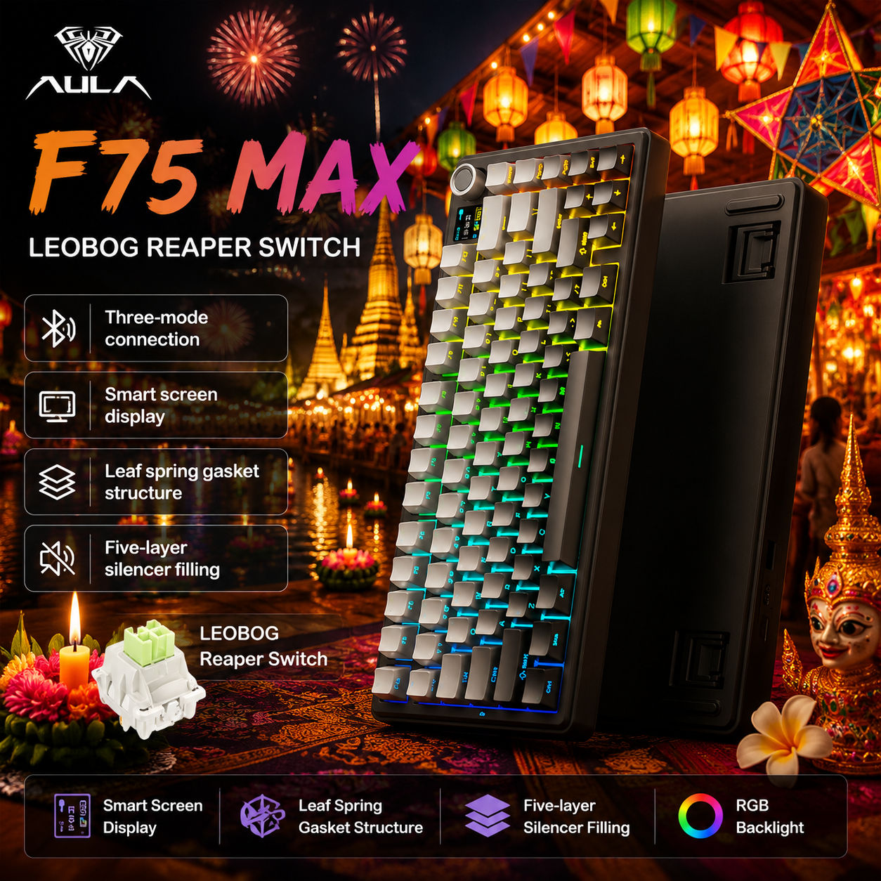 คีย์บอร์ดแมคคานิคอลไร้สาย AULA F75 MAX แบบ 3 โหมด ไฟ RGB สําหรับเล่นเกม เปลี่ยนคีย์แคปได้ 75 ปุ่ม La