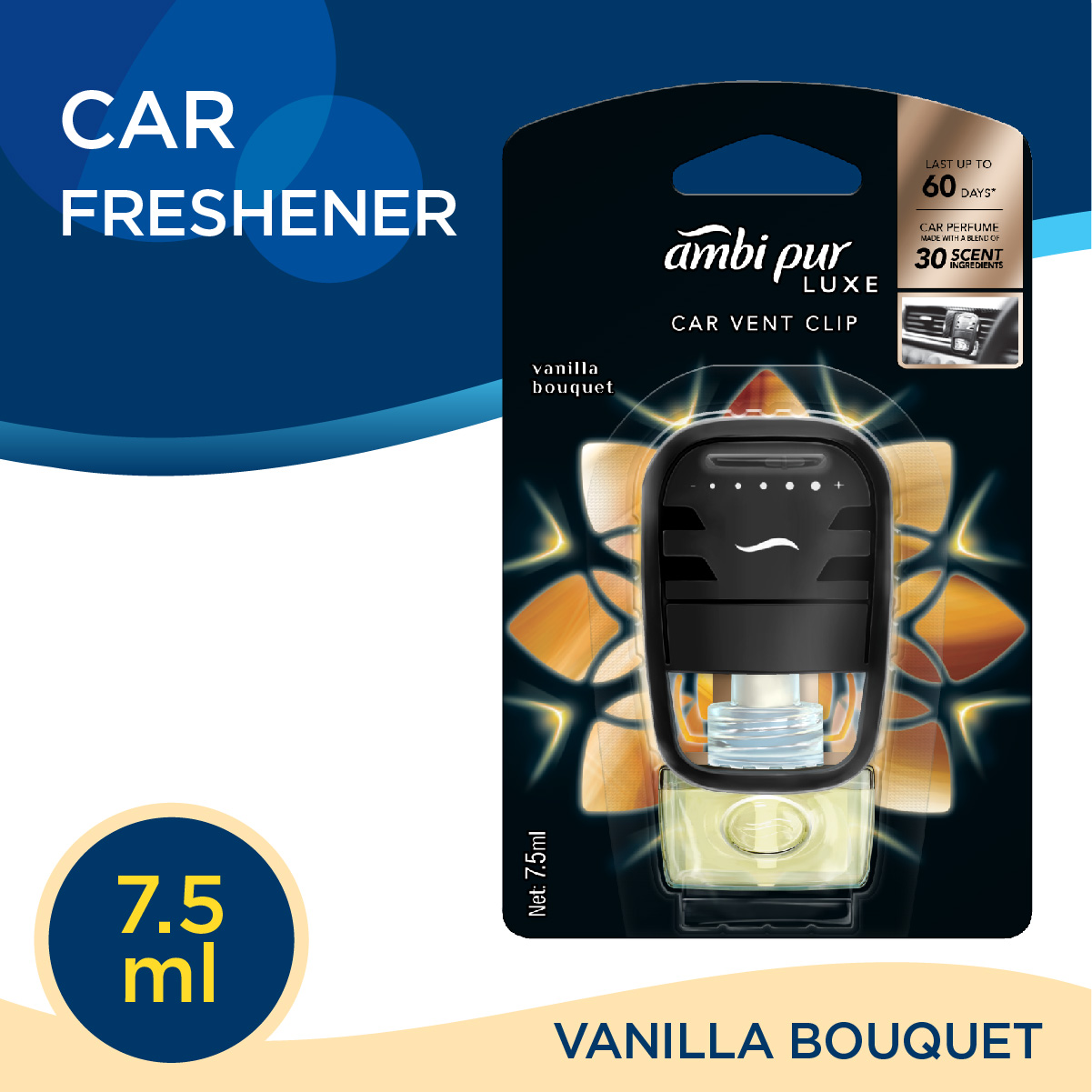 Ambi Pur แอมบิเพอร์ น้ำหอมปรับอากาศในรถ คาร์ คลิป หอมนาน 7.5มล. Car Air Freshener Clip 7.5ml Vanilla Bouquet