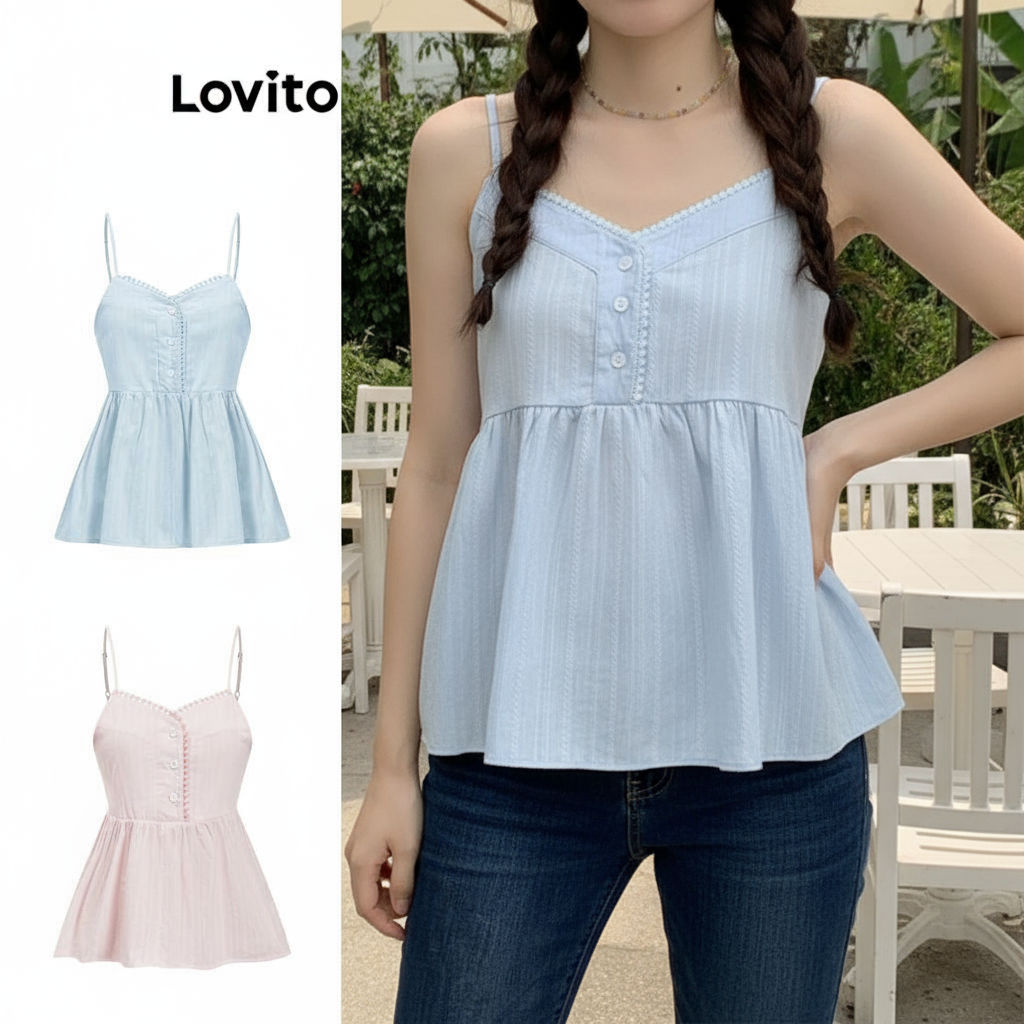 Lovito เสื้อกล้ามน่ารัก เสื้อกล้ามกระดุมคอระบายธรรมดาสําหรับผู้หญิง L79AD025 (หลากสี)\6