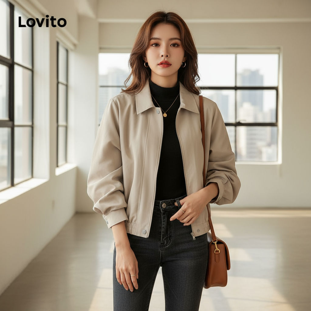 Lovito เสื้อกันลมลําลองสําหรับผู้หญิง กันน้ํา มีซิปและกระดุม LNA34140 สีแอปริคอท