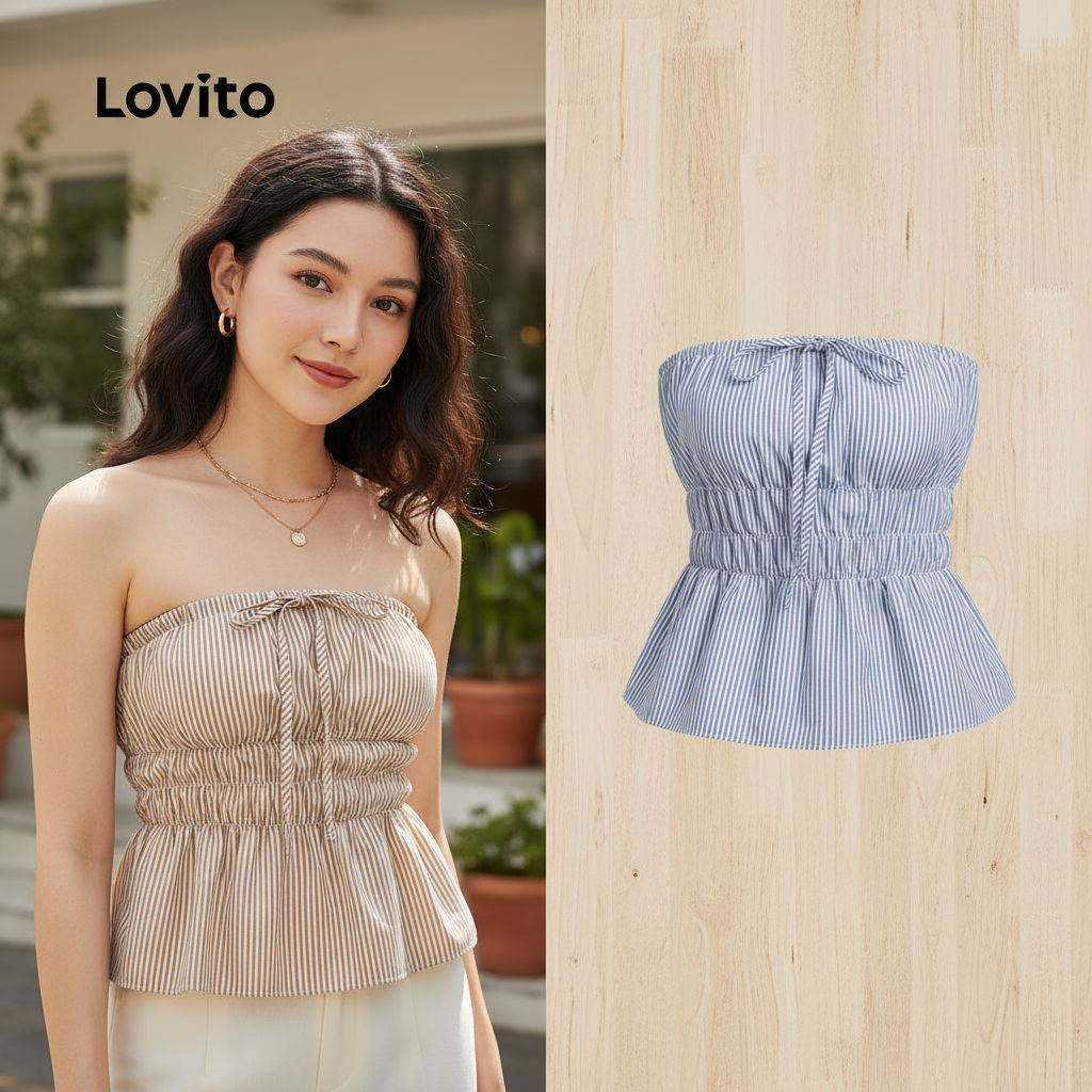 (trendy2)Lovito เสื้อกล้ามลําลองลายทางผูกเชือกฤดูร้อนสําหรับผู้หญิง L116LD255