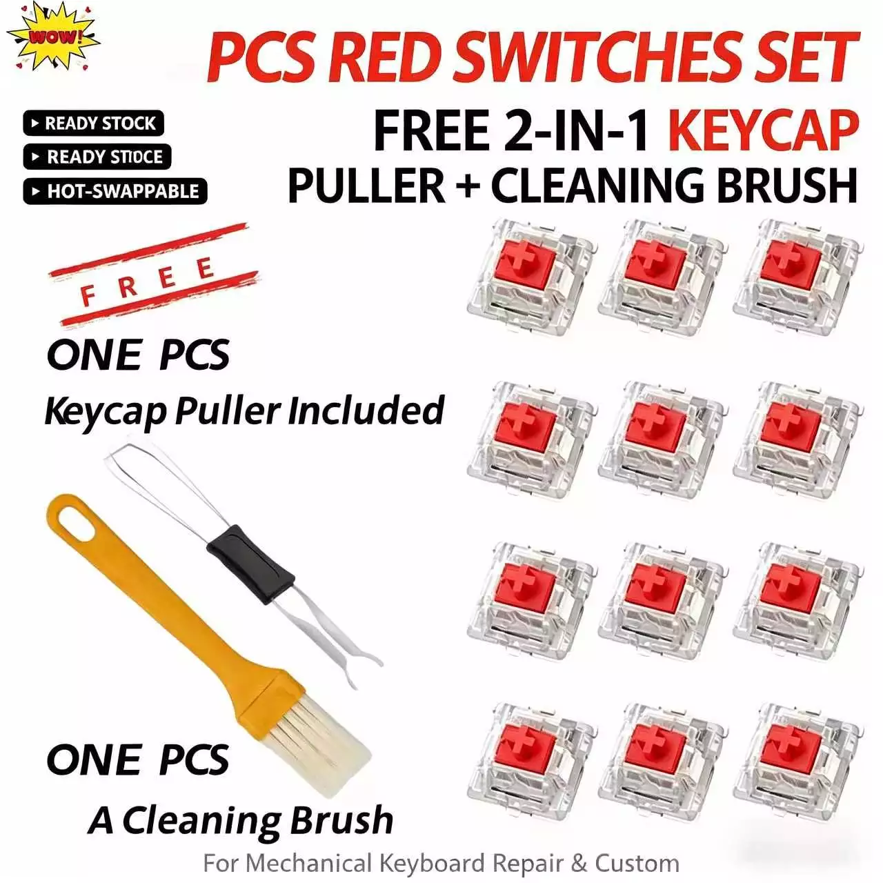 สวิตช์คีย์บอร์ดแบบกลไก 30/50/90 ชิ้นเปลี่ยนพลาสติก DIY Hot-Swappable Cross Stem 3-Pin Tactile Clicking Switches พร้อมตัวดึงปุ่มกดฟรีและแปรงทําความสะอาด