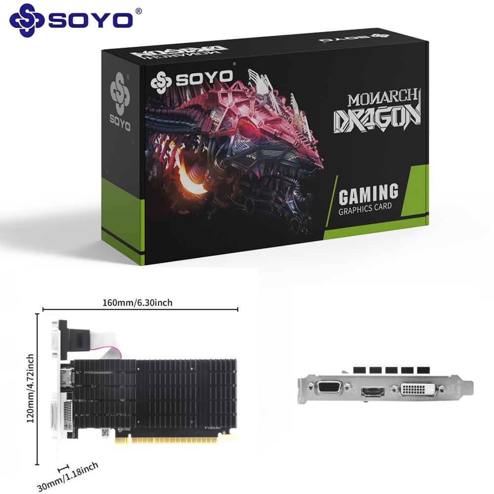 SOYO GeForce GT710 2GB DDR3 การ์ดจอโปรไฟล์ต่ํา, GPU GK208, ฮีตซิงก์พาสซีฟไร้เสียง 0dB, 64 บิต, พอร์ต