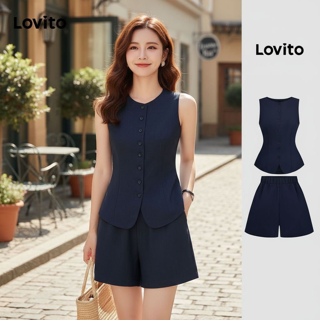Lovito ชุดเซ็ตขาสั้นสีเทาเข้มแต่งกระดุมผ่าหน้าสําหรับผู้หญิง LB135LD426