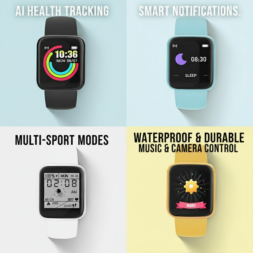 นาฬิกาสมาร์ทวอทช์ Y68 สําหรับเด็ก สีดํา สําหรับเด็กชายและหญิง ของขวัญคริสต์มาส