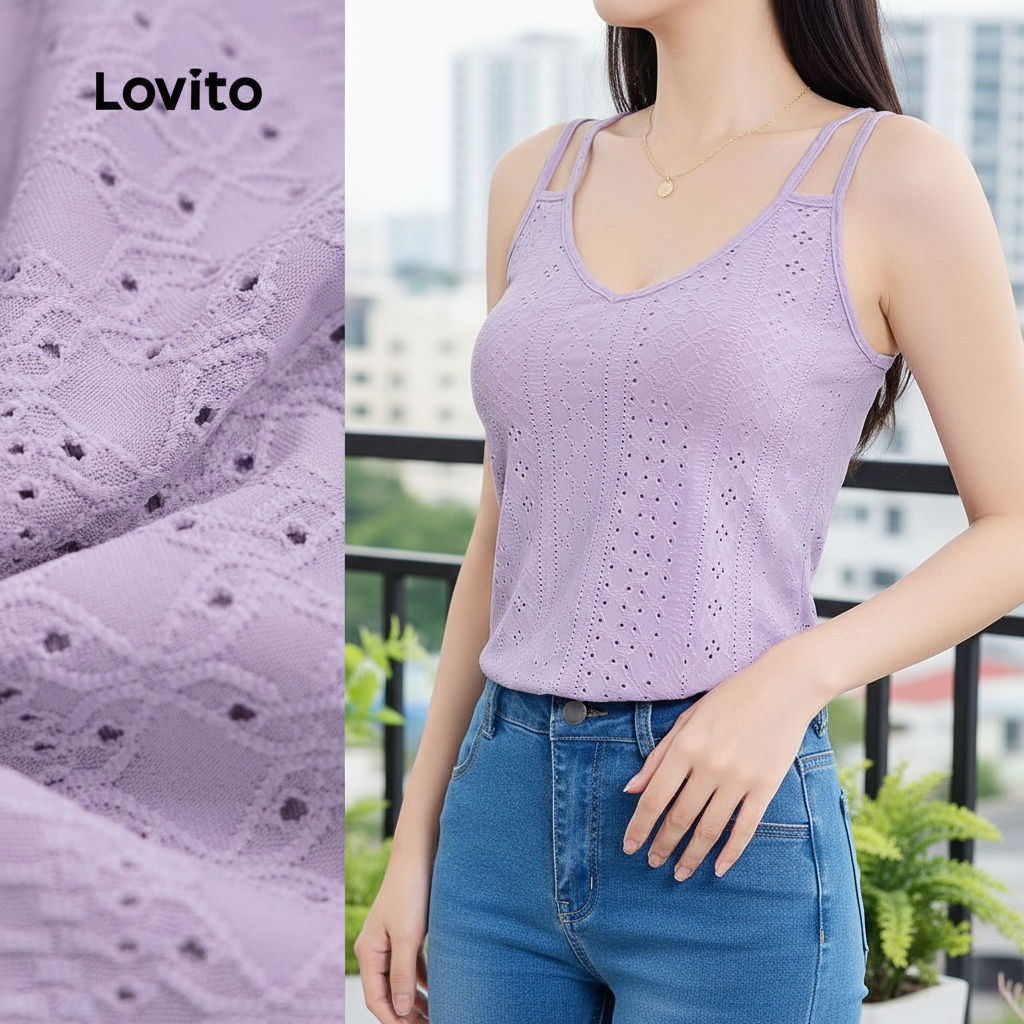 Lovito เสื้อแขนกุดผู้หญิง ผ้าแจ็คการ์ด ดีไซน์ไหล่เย็น ใส่สบาย L129ED657\4