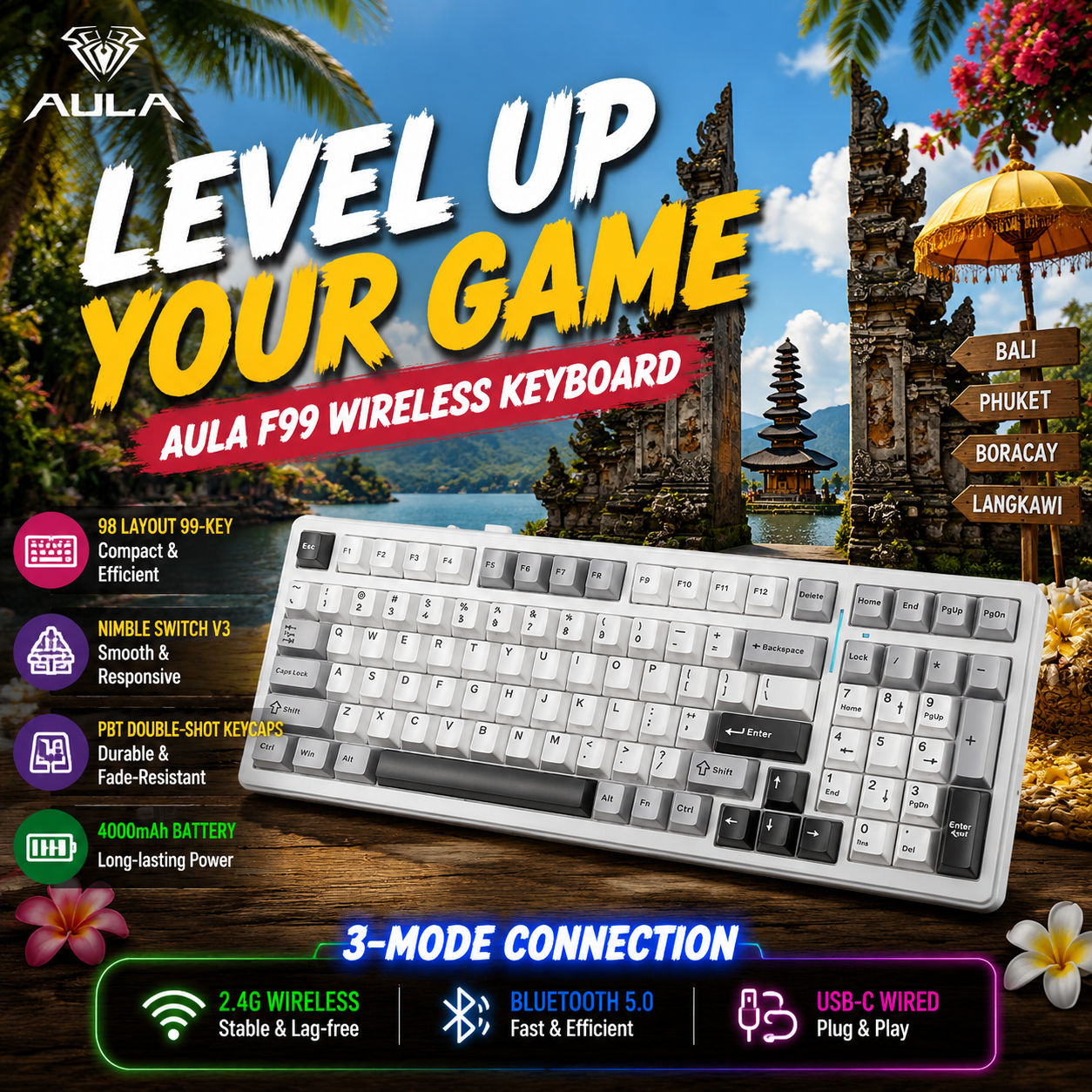 คีย์บอร์ดสําหรับเล่นเกมแบบกลไก AULA F99 สวิตช์เปลี่ยนร้อน RGB ไร้สาย 99 ปุ่ม ขนาดกะทัดรัดสําหรับเกมเ