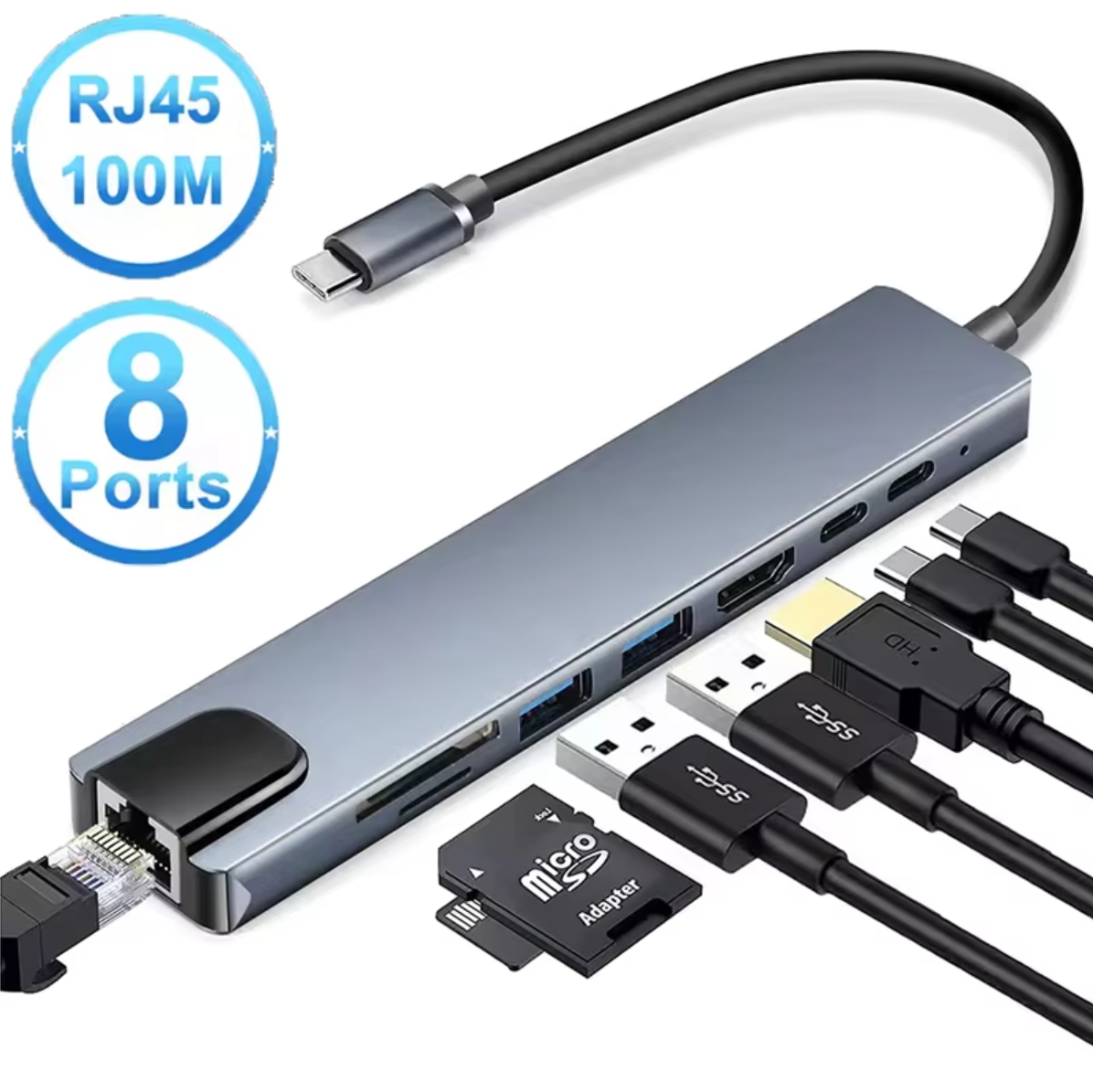8-in-1 ฮับ USB C ตัวแยก Type C 4K ธันเดอร์โบลต์ 3 ด็อกกิ้งสเตชั่น อะแดปเตอร์แล็ปท็อปสําหรับ MacBook Air M1 iPad Pro RJ45 HDTV Computer