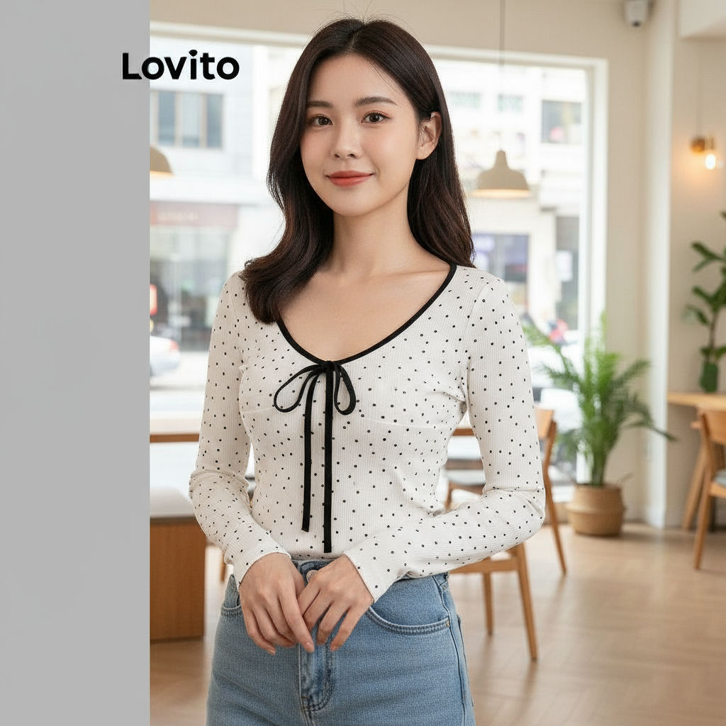 Lovito เสื้อยืดผู้หญิง ลายจุด ประดับโบว์ ผูกเอง สีตัดกัน สไตล์ลําลอง ฤดูร้อน ฤดูใบไม้ผลิ รุ่น L110AD