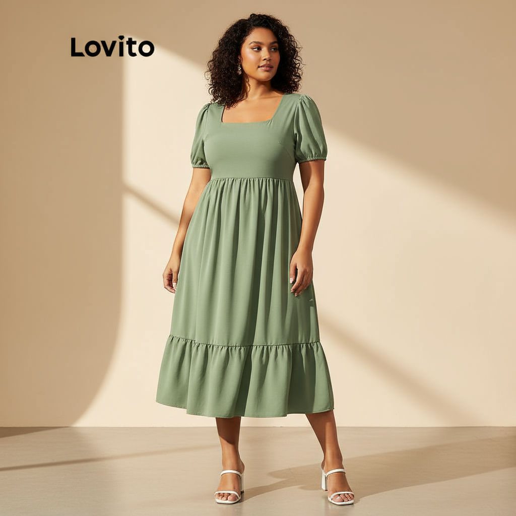 Lovito เดรสผู้หญิงแขนพอง คอเหลี่ยม พลัสไซส์ แต่งซิป สีพื้น สไตล์ลําลอง LPS05023 (สีเขียว)