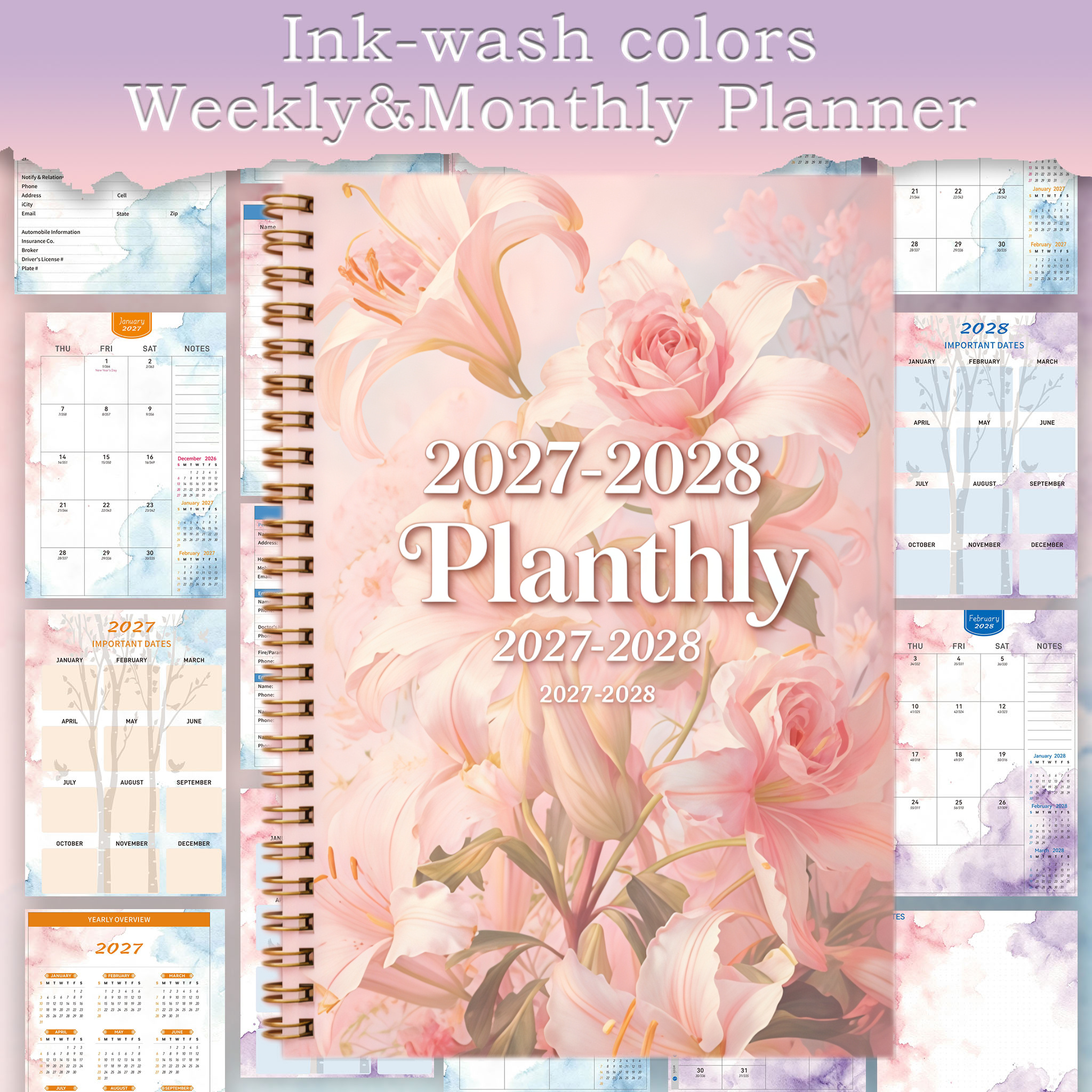 Lily Flower Spiral Calendar Notebook 2027-2028 Daily Diary Planer Office School Supplies Agenda Sche