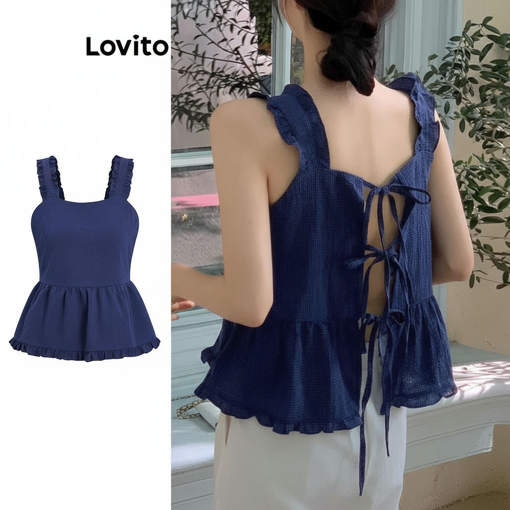 trendy4-Lovito เสื้อกล้ามลําลอง ลายกิงแฮมระบายชายเสื้อTie เสื้อกล้ามด้านหลังสําหรับผู้หญิง L96MD168