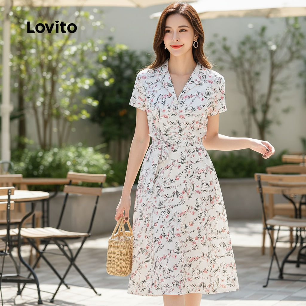 (trendy6)Lovito เสื้อผ้าแบบลำลอง โครงสร้างเส้น ลายดอกไม้ ชุดฤดูใบไม้ผลิ/ฤดูร้อน สำหรับผู้หญิง L155ED