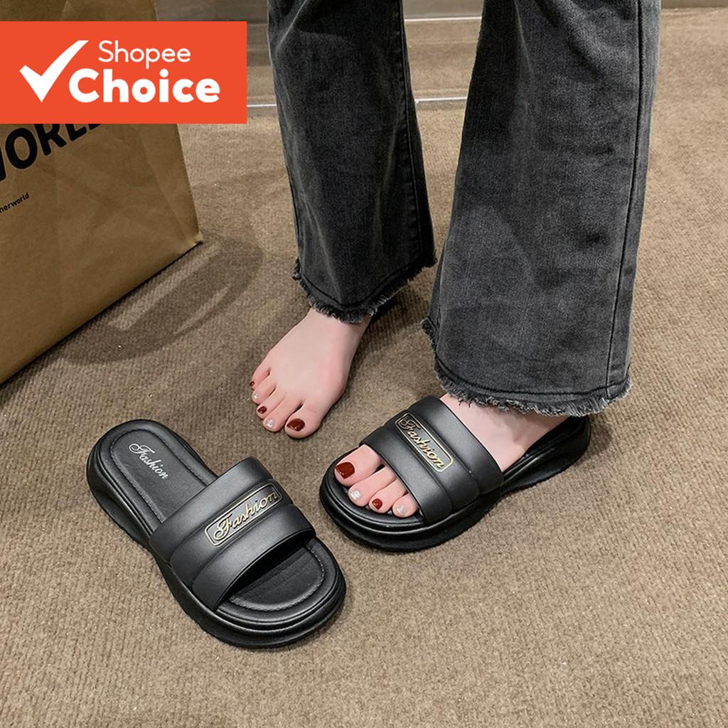 Casual Plain One Word Anti Slip รองเท้าแตะชายหาดหนาสําหรับห้องน้ํารองเท้าแตะแบนสําหรับผู้หญิง LFA603