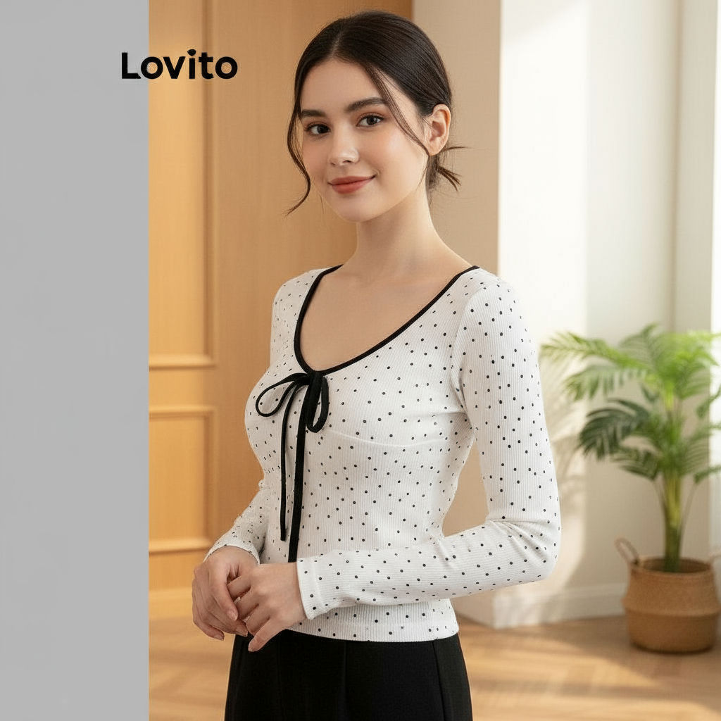 Lovito เสื้อยืดผู้หญิง ลายจุด ผูกโบว์ สีตัดกัน สไตล์ลําลอง สําหรับฤดูร้อน/ฤดูใบไม้ผลิ L110AD470