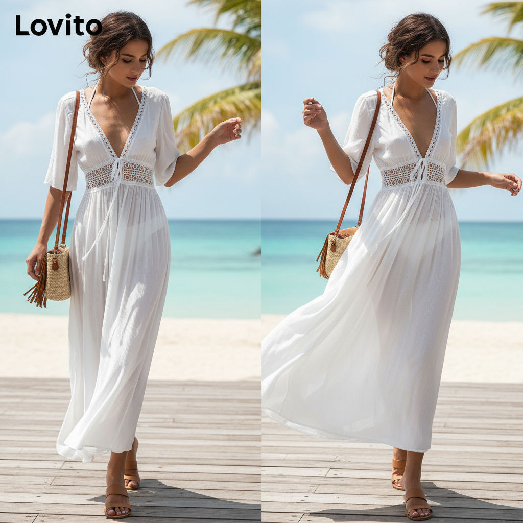 Lovito เสื้อคลุมกิโมโนผู้หญิง ผ้าเย็บต่อ สีพื้น สไตล์ลําลอง LNE60448