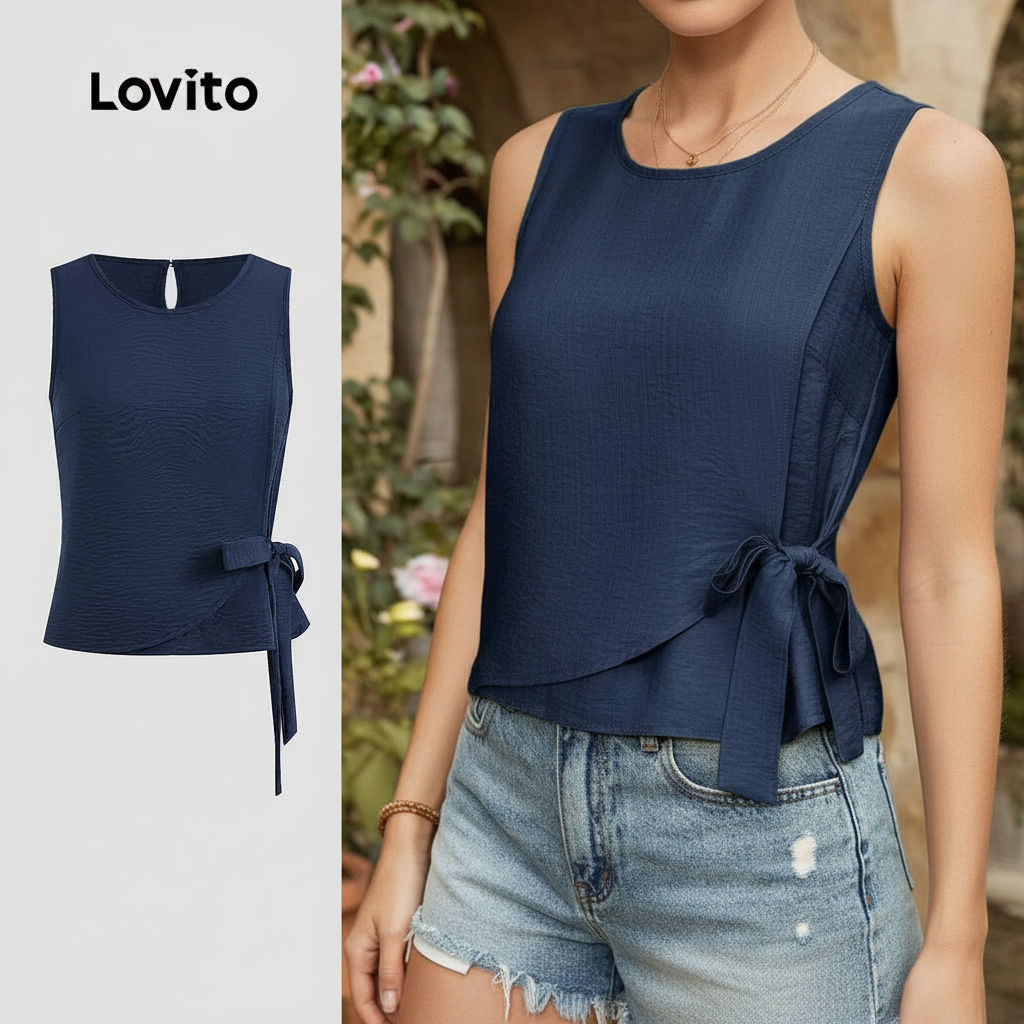 Lovito เสื้อกล้ามลำลองสีพื้นไม่สมมาตรสำหรับผู้หญิงในช่วงฤดูร้อน L123ED655\6