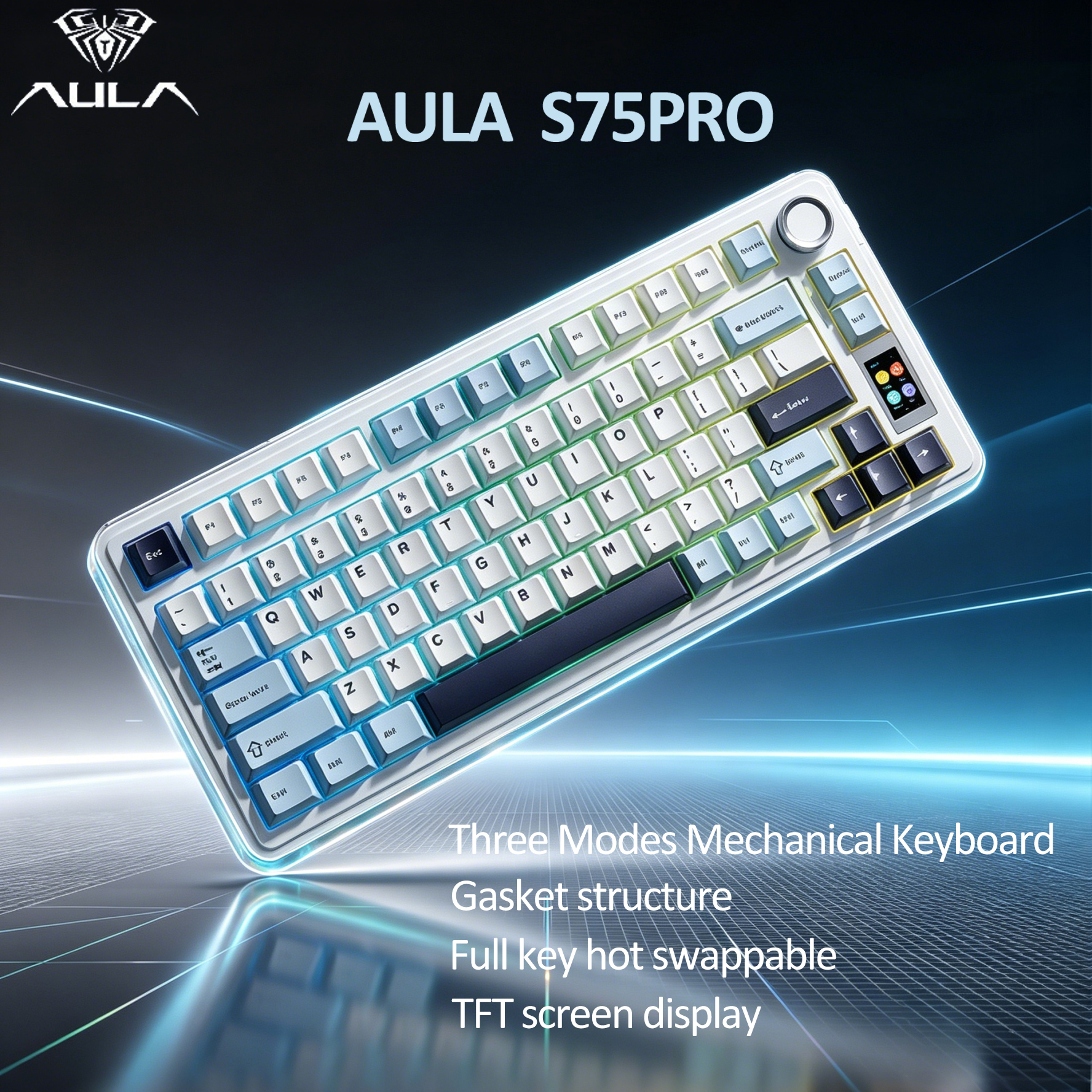 คีย์บอร์ดเกมมิ่งกลไกไร้สาย Aula S75Pro 75% โหมดสามแบบ สวิตช์เปลี่ยนได้ทันที ไฟ RGB มีลูกบิดจอ LCD แบ