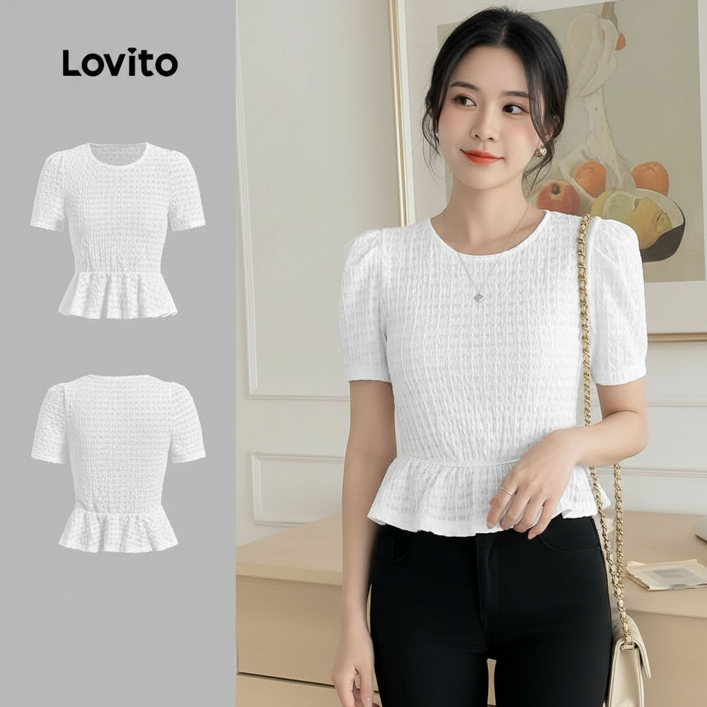 B137-JUL25-A-3-รอบคอ Checkered Jacquard Lotus Leaf Top-TSB137PBD148