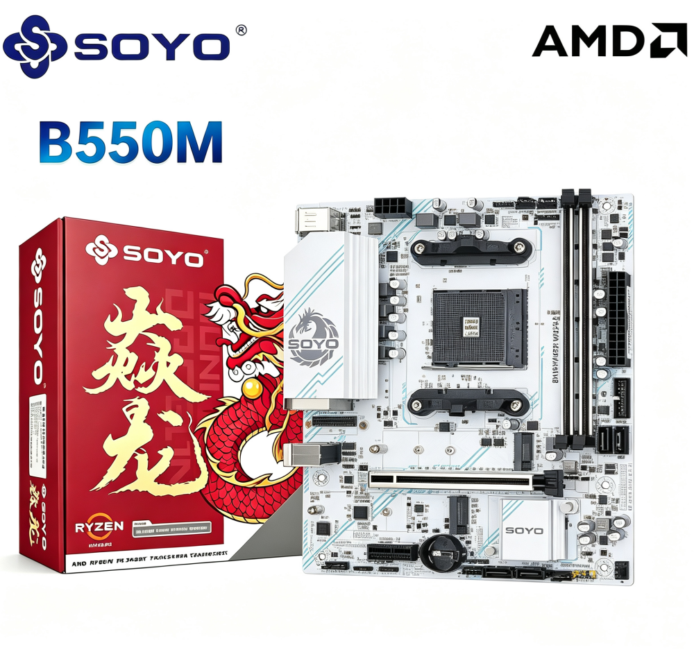 เมนบอร์ดสําหรับเล่นเกม SOYO B550M DDR4 ขนาด ATX รองรับ M.2 NVMe, หัว ARGB, AMD AM4, Ryzen 5 5600/570