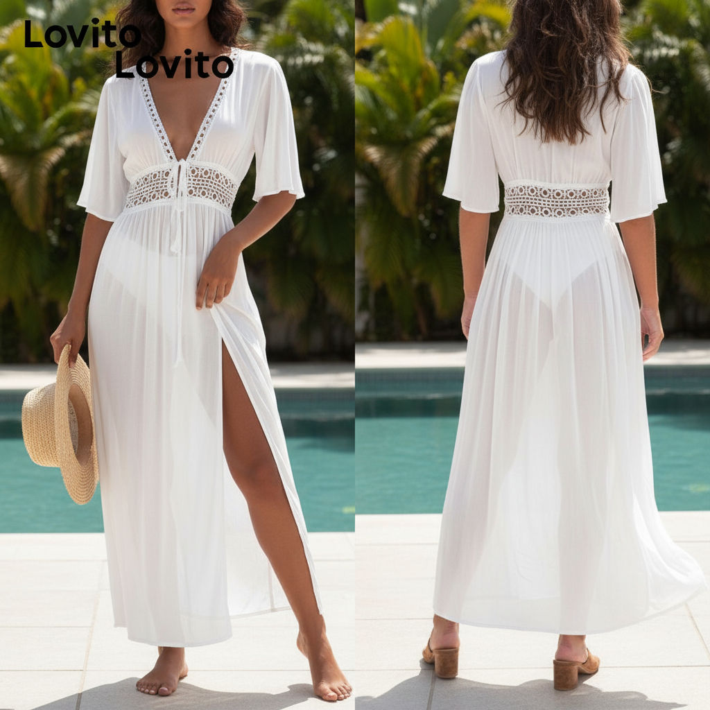 Lovito เสื้อคลุมกิโมโนหญิง เย็บต่อผ้า โทนเรียบ สไตล์ลําลอง LNE60448\3