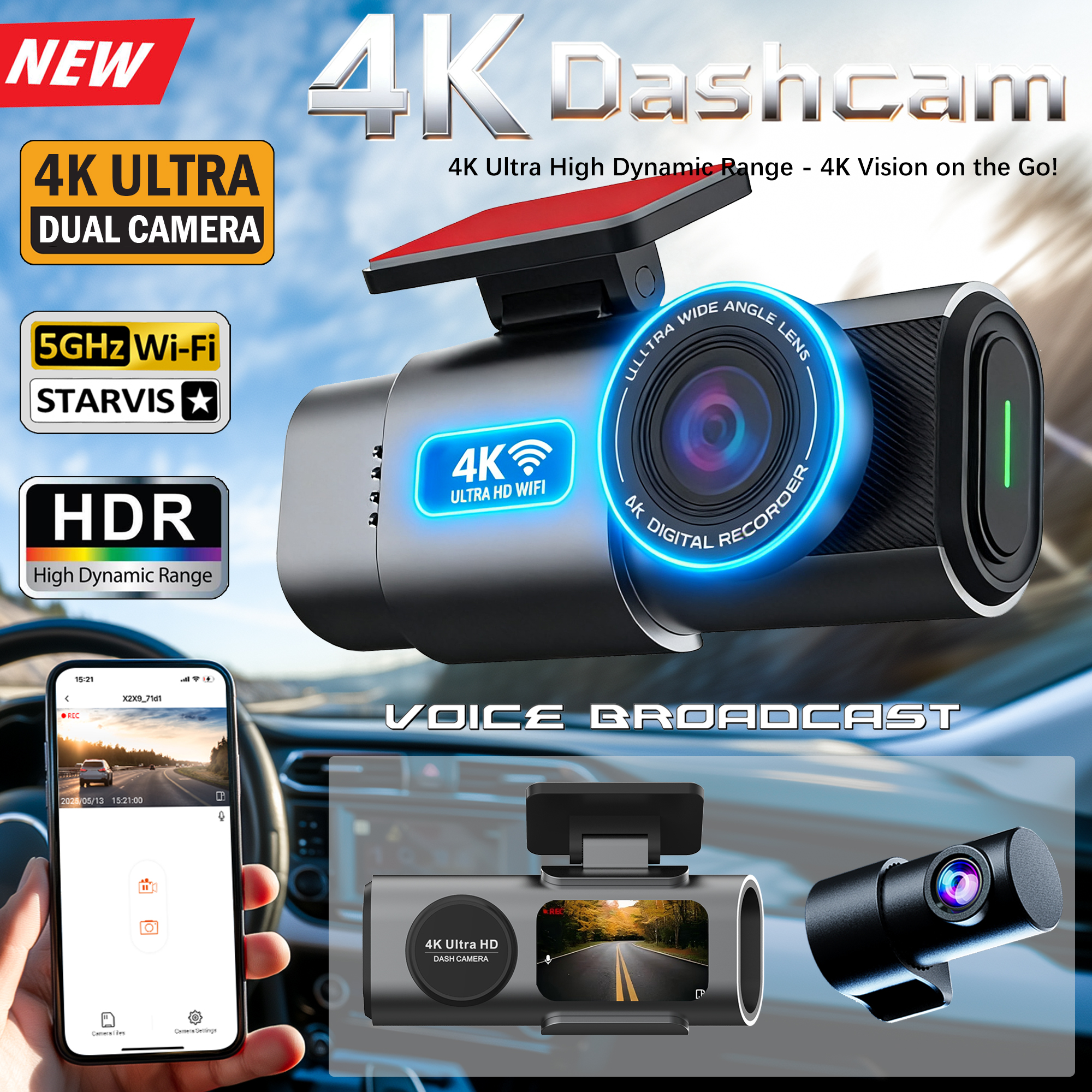 รถ Dash Cam 4k Uhd ด้านหน้าด้านหลังกล้อง Hdr Night Vision ในตัว WIFI 24h โหมดที่จอดรถ App Monitor