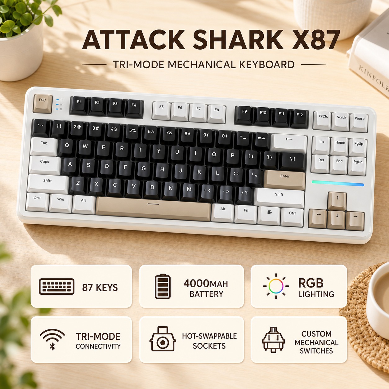 คีย์บอร์ดแบบกลไก ATTACK SHARK X87, 87 คีย์, Tri-Mode, Hot-Swappable