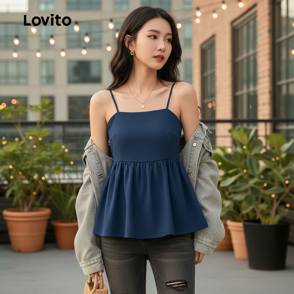 Lovito เสื้อสายเดี่ยวลําลองสําหรับฤดูใบไม้ผลิ/ฤดูร้อน สีน้ําเงินเข้ม L150AD737