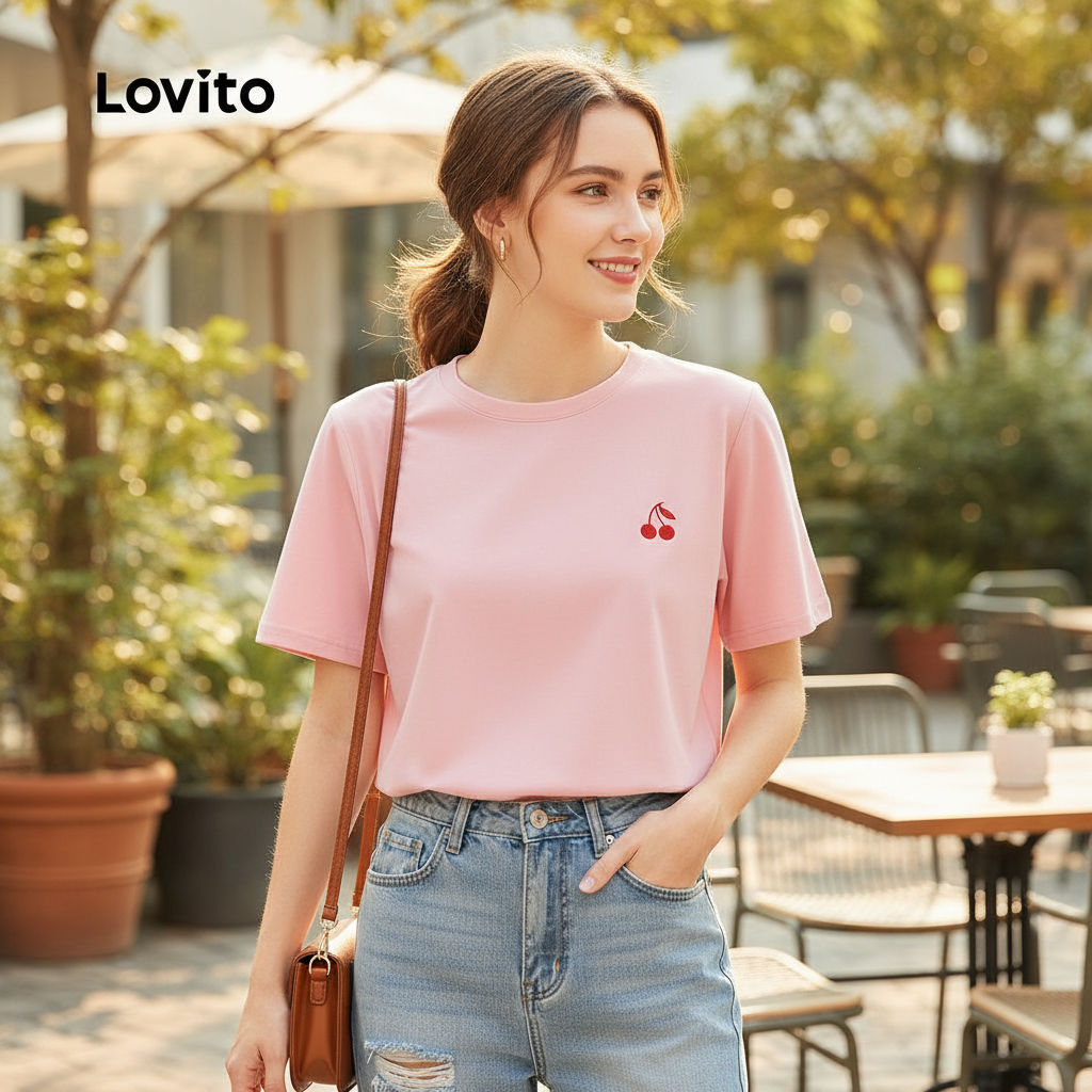 (trendy3)Lovito เสื้อยืดลำลอง สปริง/ซัมเมอร์ สีชมพู สำหรับผู้หญิง L154ED336