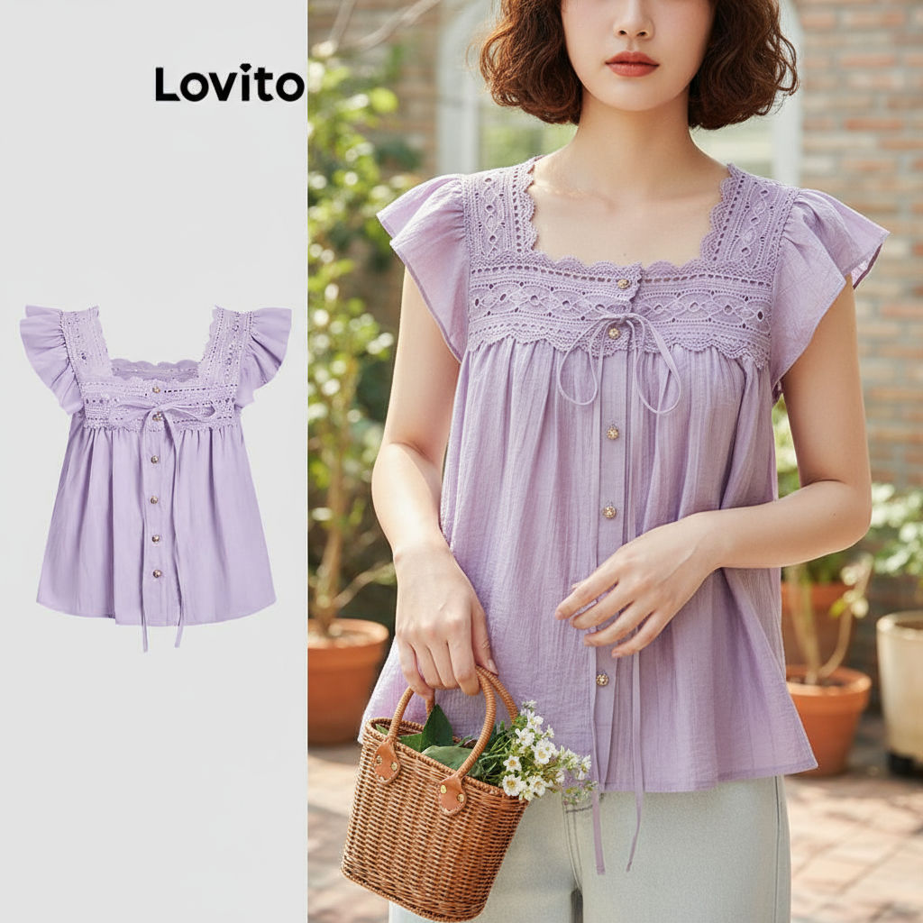 Lovito เสื้อผู้หญิงคอระบายปกคมชัด สําหรับฤดูร้อนและฤดูใบไม้ผลิ L121MD622\5