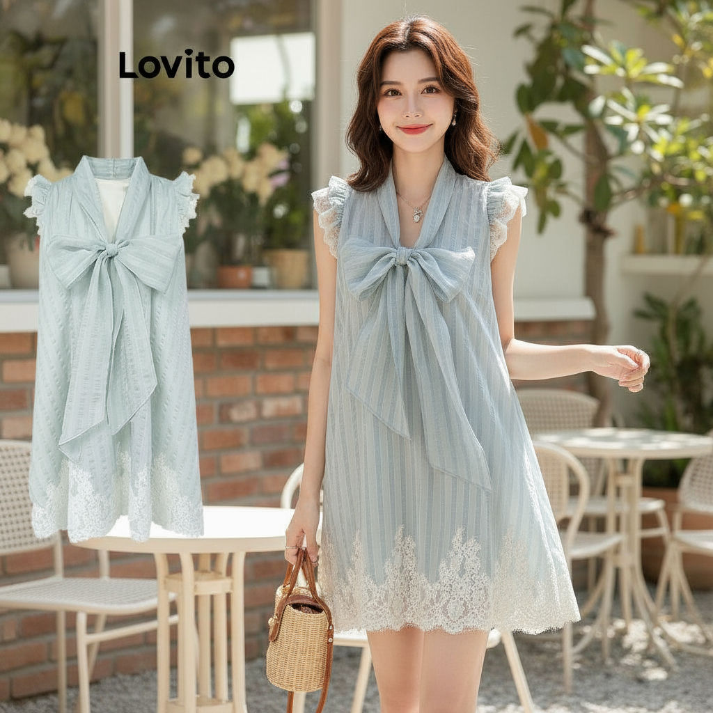 Lovito ชุดเดรสลูกไม้ลายทางโบว์หน้าลําลองผู้หญิง LNA75576 (หลากสี)