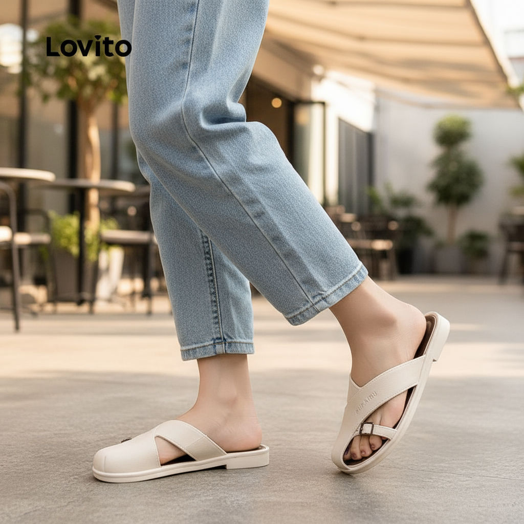 Lovito Casual รองเท้าแตะส้นแบน สไตล์เกาหลี สําหรับผู้หญิง ใส่ในวันหยุด LFA76303\5