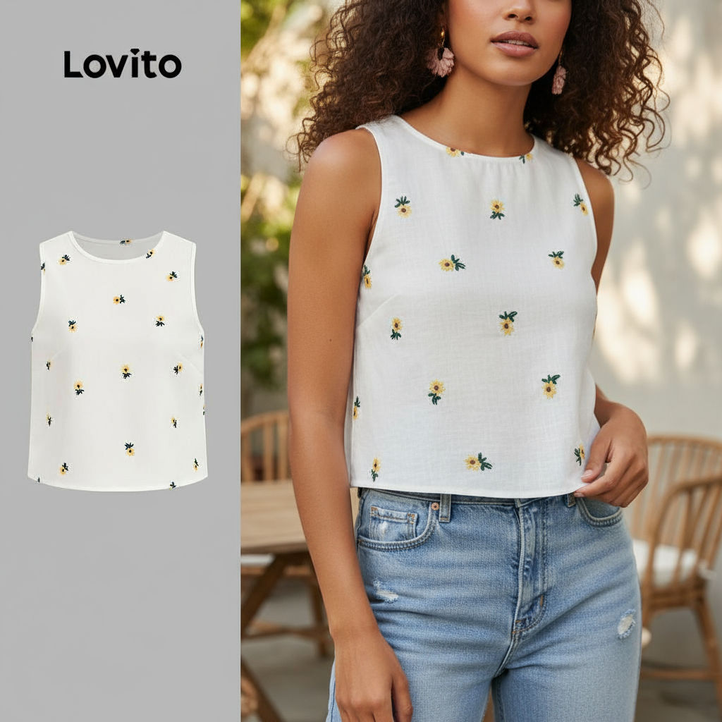 Lovito เสื้อแขนกุดสีขาวลายดอกไม้เล็ก สําหรับผู้หญิง L135A2D017\3