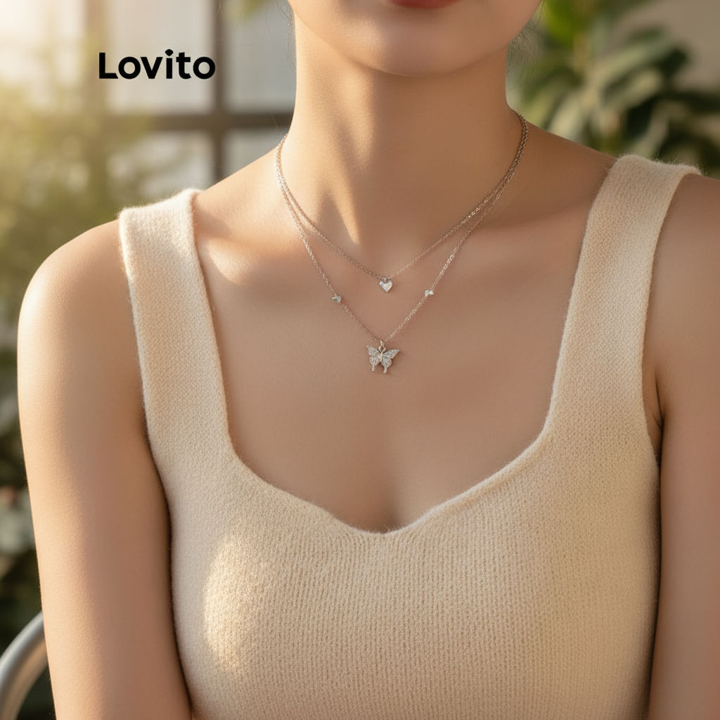 Lovito สร้อยคอ จี้รูปผีเสื้อ ผู้หญิง LNA14108 สีเงิน\5