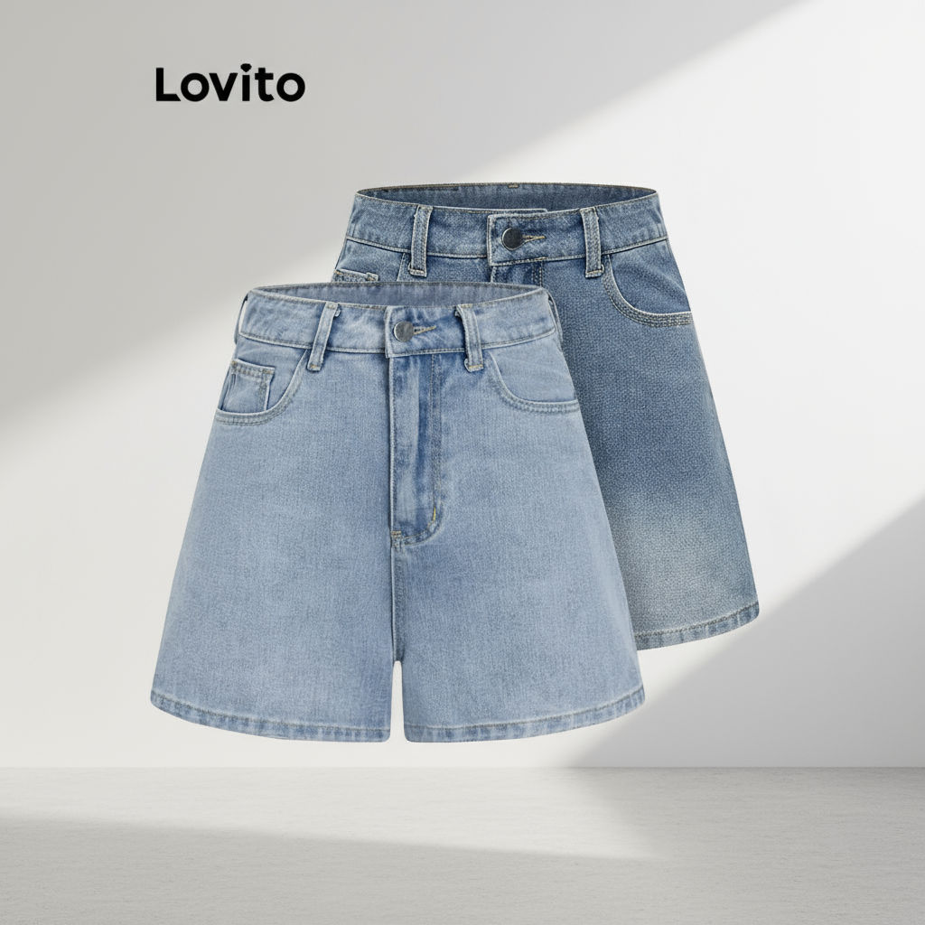 trendy5-Lovito กางเกงขาสั้นเดนิมลําลอง กางเกงขาสั้นผ้าเดนิมปุ่มธรรมดาสําหรับผู้หญิง L82AD168 (หลากสี