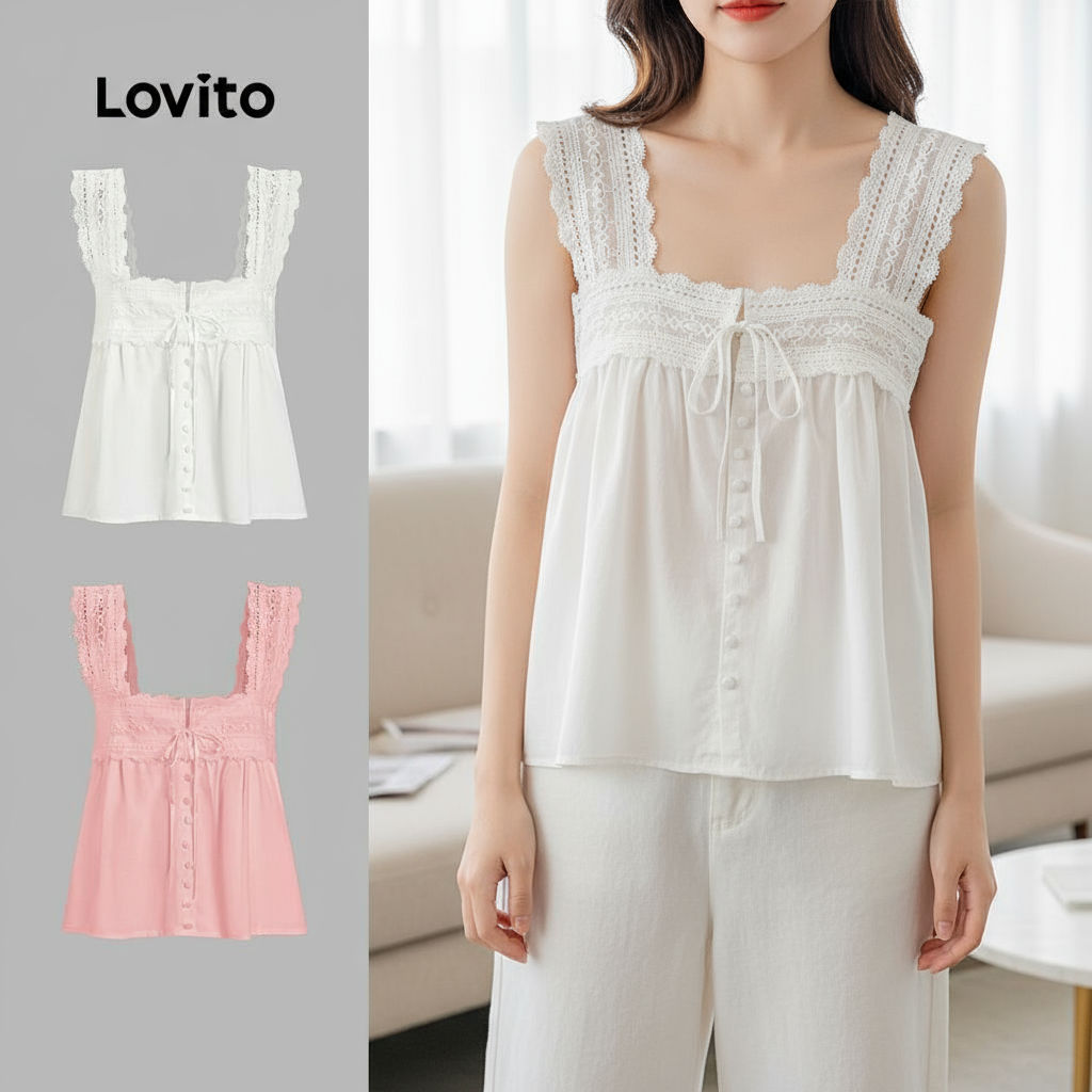 Lovito เสื้อกล้ามลูกไม้สไตล์โบโฮฤดูร้อน/ฤดูใบไม้ผลิสําหรับผู้หญิง รุ่น L100MD371