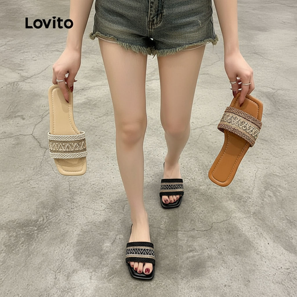 รองเท้าแตะฟางสไตล์โบโฮชาติพันธุ์สําหรับผู้หญิง LFA76309