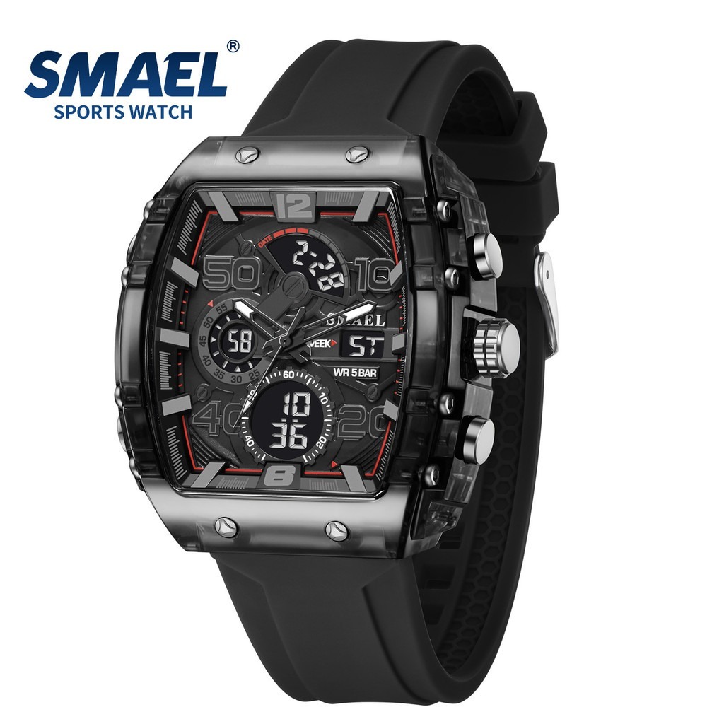 Smael 8109 นาฬิกาสปอร์ตสําหรับผู้ชาย 50 ม. จอแสดงผล LED คู่กันน้ํามัลติฟังก์ชั่นส่องสว่าง