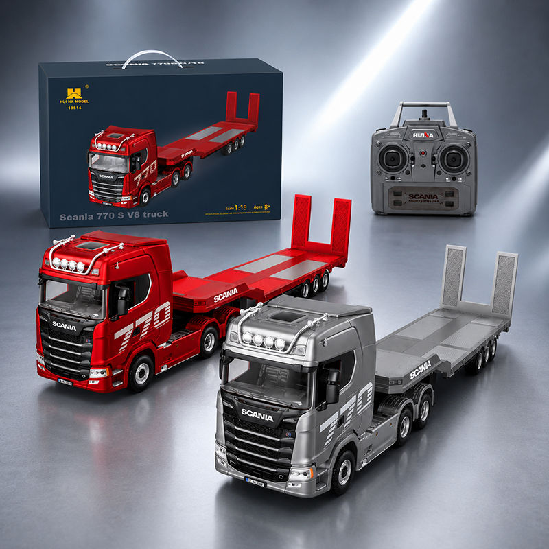 HUINA 1501 SCANIA 770S รถพ่วงขนส่งขนาดใหญ่พร้อม HUINA 1502 รถเทรลเลอร์ท้ายลาด ควบคุมด้วยรีโมท สีแดง-