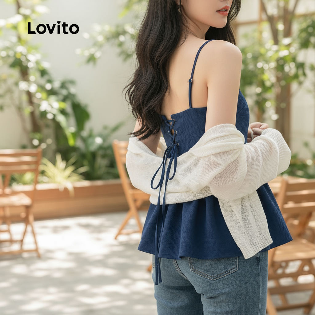 Lovito Women's Dark Blue Casual Blouse with Back Straps for Summer/Spring L150AD737