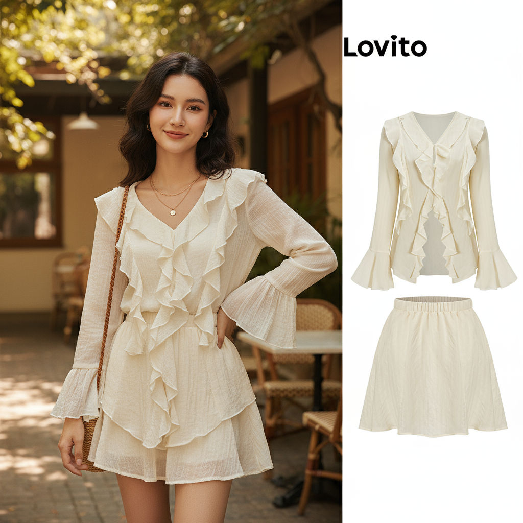 Lovito เสื้อลําลอง นัวเนีย ธรรมดา มีซับใน พร้อมเสื้อเซฟตี้หรือกระโปรงสําหรับผู้หญิง L61AD100