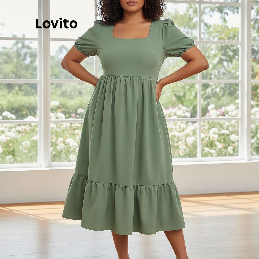 Lovito เดรสพลัสไซส์ แขนพอง คอเหลี่ยม ซิปหน้า สีพื้น สําหรับผู้หญิง พลัสไซซ์ ลําลอง สีเขียว LPS05023