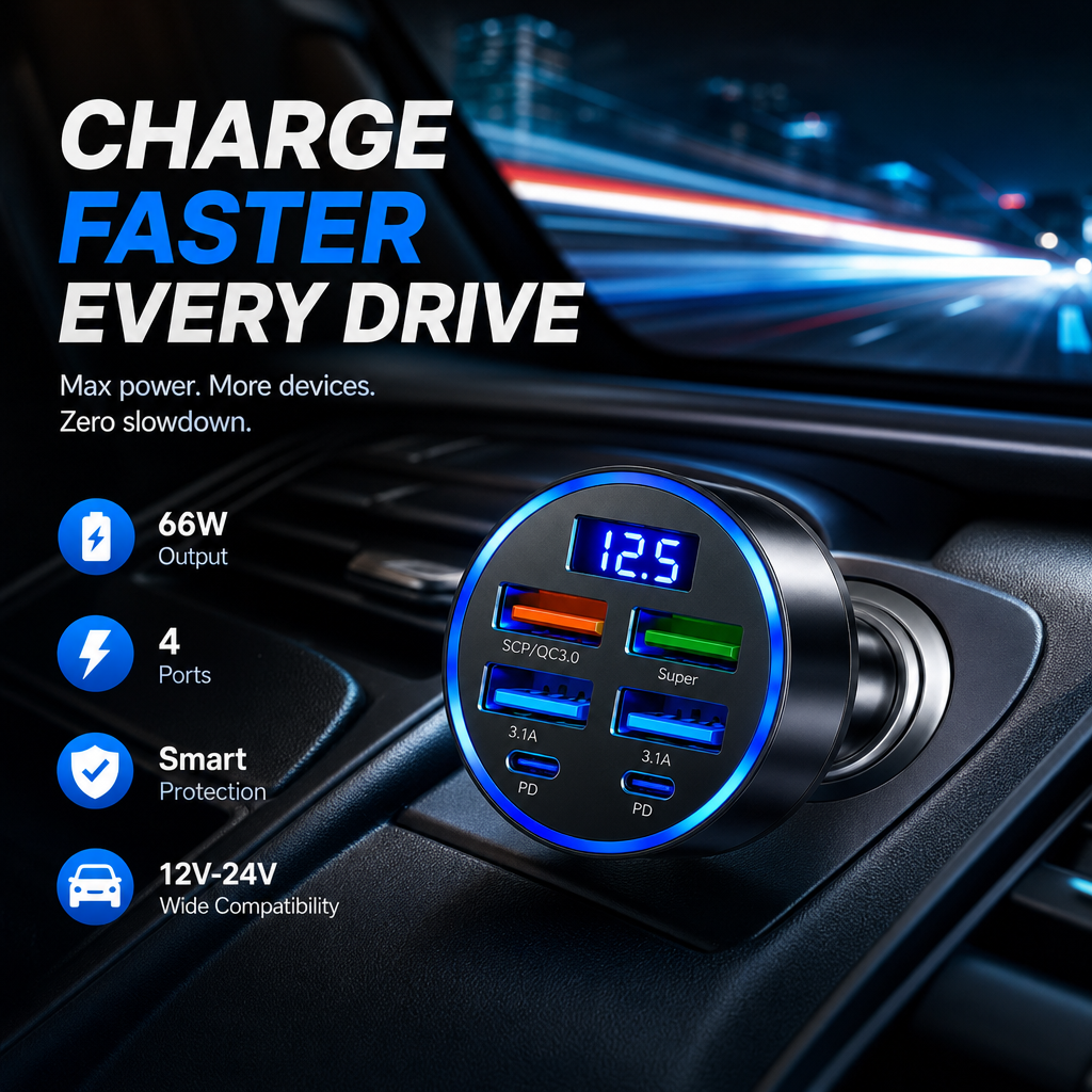 Pd 6-port USB C 100w Car Charger จอแสดงผลดิจิตอล Fast Charging สําหรับรถยนต์