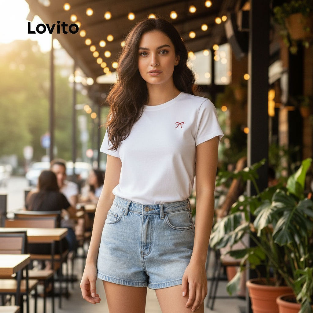 Lovito เสื้อยืดผู้หญิงลายพื้น กระดุมหน้า ทรงลําลอง รุ่น L133AD375