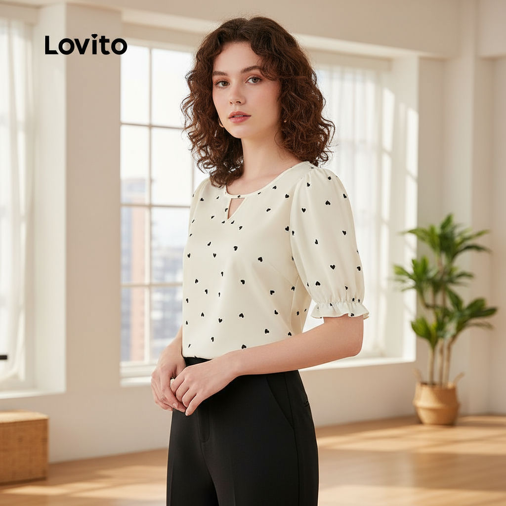 เสื้อเบลาส์ผู้หญิงสไตล์ลําลอง Lovito คอระบายบางเบา สีแอปริคอท สําหรับฤดูใบไม้ผลิ/ฤดูร้อน L137ED661