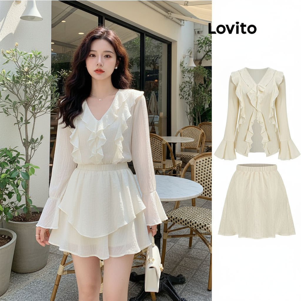 Lovito เสื้อลําลอง นัวเนีย ธรรมดา มีซับใน พร้อมเสื้อเซฟตี้หรือกระโปรงสําหรับผู้หญิง L61AD100