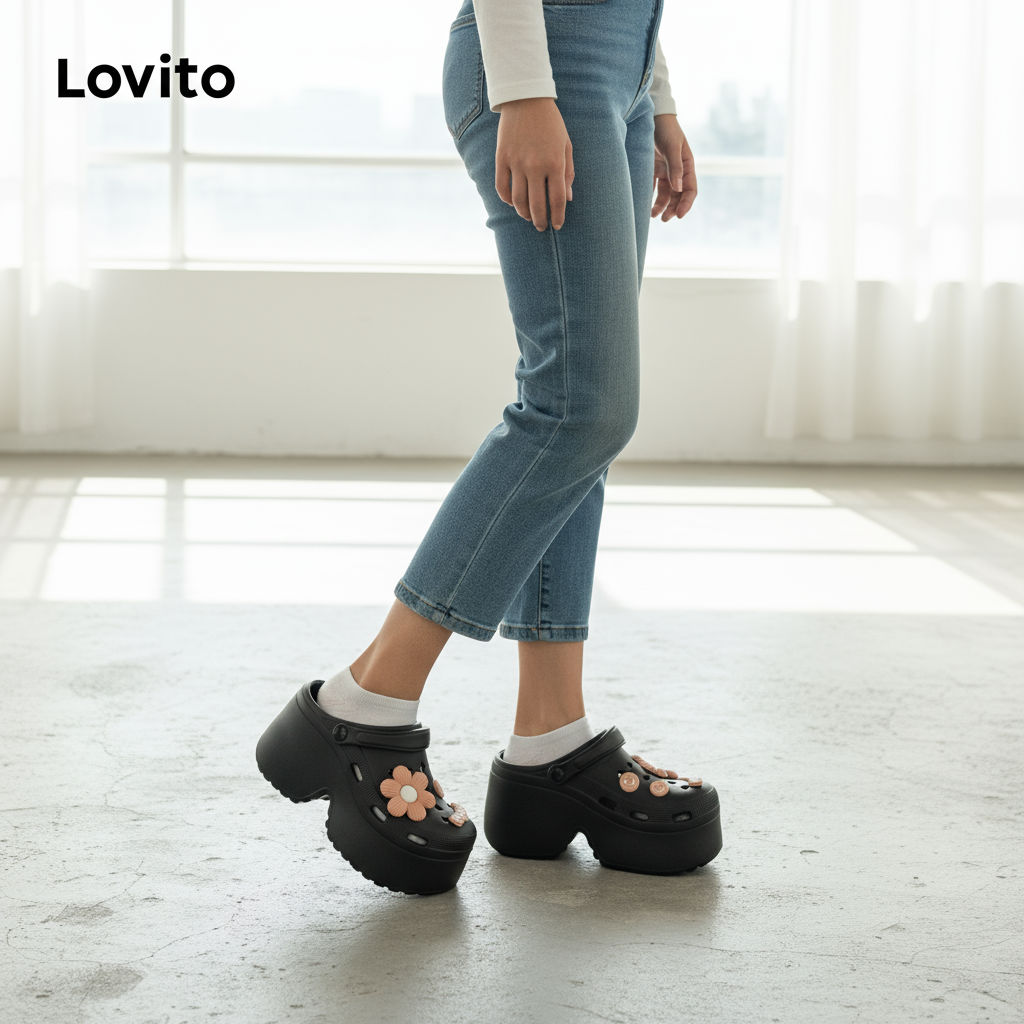 รองเท้าแตะส้นแบนผู้หญิง Lovito พื้นหนา 9 ซม. นุ่มนิ่ม ลายดอกเดซี่ สไตล์ลําลองฤดูร้อน สําหรับผู้หญิง 
