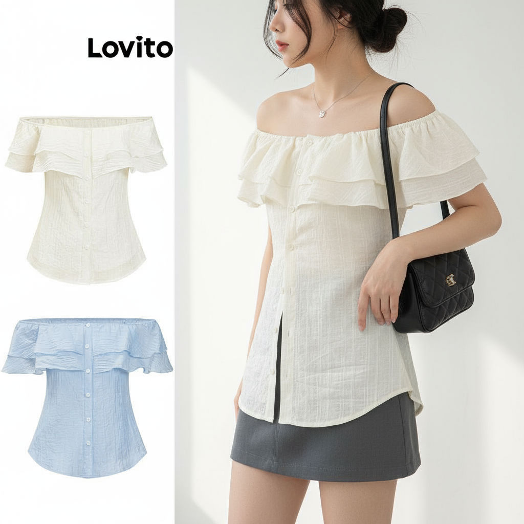 Lovito เสื้อเบลาส์ผู้หญิง แต่งระบาย กระดุมหน้า ผ้านุ่ม ใส่สบาย สําหรับฤดูใบไม้ผลิ ฤดูร้อน L79AD128\3