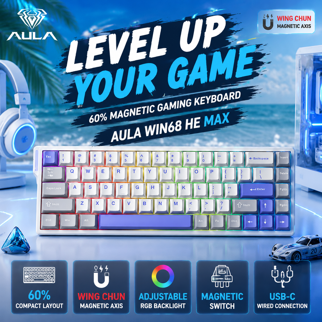 คีย์บอร์ด AULA WIN68HE สวิตช์แม่เหล็ก Xingyi แบบ Rapid Trigger คีย์บอร์ดเกมมิ่งไฟ RGB 68 ปุ่ม สําหรั