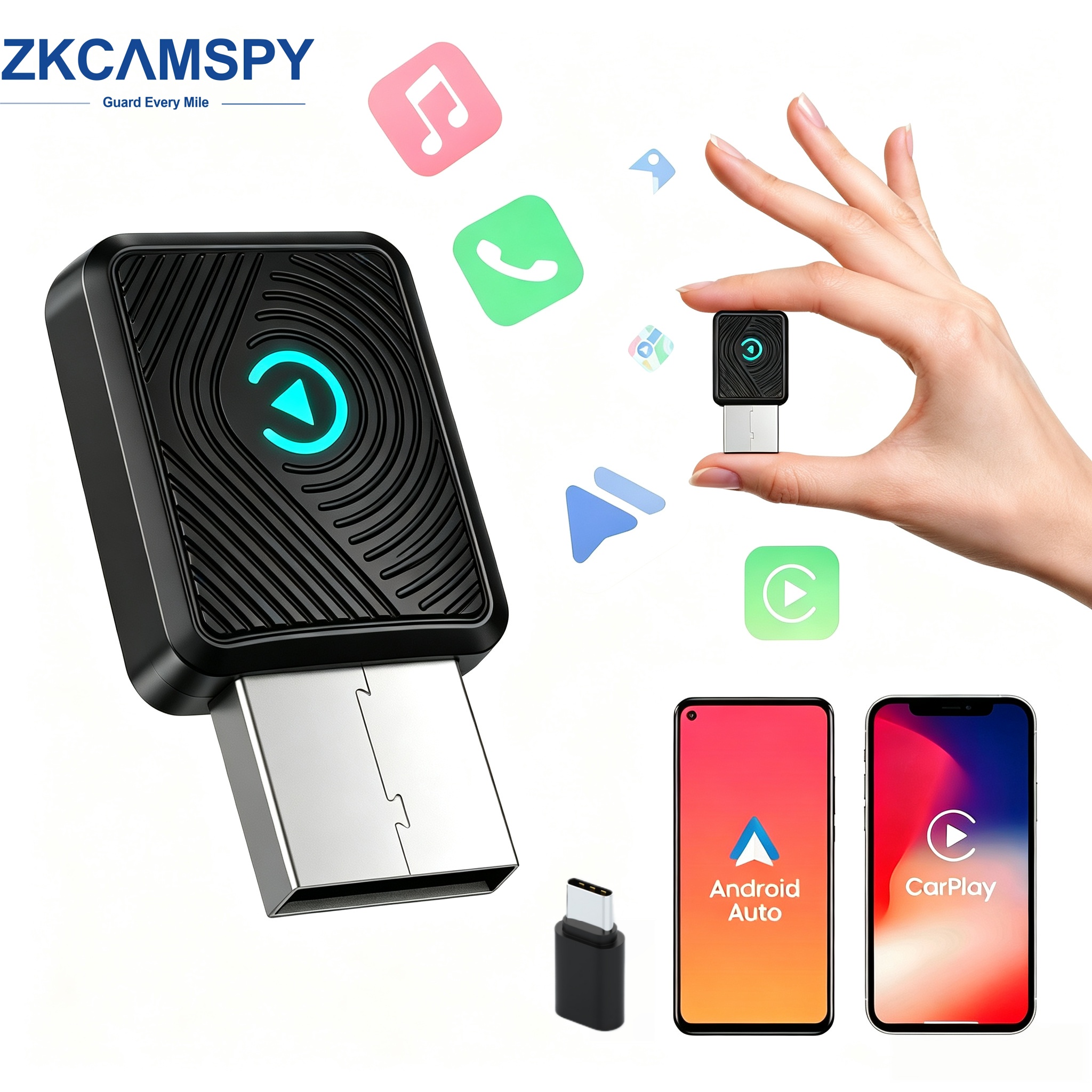 อะแดปเตอร์ Wireless Carplay & Android Auto 2-in-1 สําหรับ Iphone 8+ และเครื่องชาร์จในรถยนต์ USB Andr